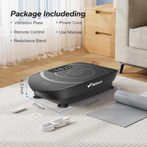 Color Black MERACH Vibration Plate Exercise Machine, Whole Body Workout Equipment for Women, Bluetooth and Silicone Pedal, Vibration Plate with Auto Mode, Vibrate Fitness Platform for Home