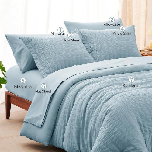 CozyLux King Size Comforter Set Light Blue Seersucker 7 Pieces Bed in a Bag King Comforter Set with Sheets, Luxury Bedding Set with Down Alternative Comforter, Sheets, Pillowcases & Shams All Seasons