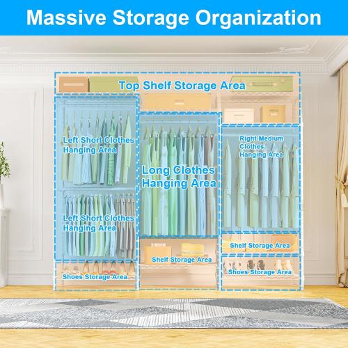 Ulif E13C Heavy Duty Closet Organizer System，Freestanding Clothing Racks for Hanging Clothes，Adjustable Garment Rack 63 W x 16 D x 77 H Hold 960 lbs，White Clothing Rack with Black Dustproof Cover