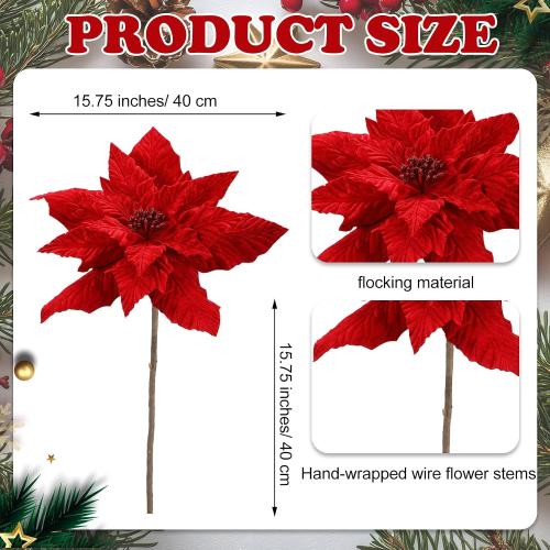 Velvet Poinsettia Christmas Tree Topper 16'' Jumbo Artificial Velveteen Poinsettia with Stem Faux Flower Xmas Tree Ornament for Christmas Holiday Wedding Holiday Party Decor(Classic Red)