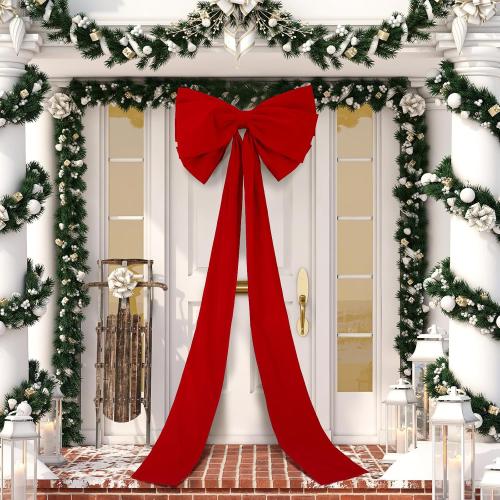 Extra Large Christmas Front Door Bow Decorations 27 x 78 Inch Giant Velvet Christmas Tree Topper Bow with Long Streamers Wreath Wall Decor for Home Xmas Room Holiday Porch(Red)
