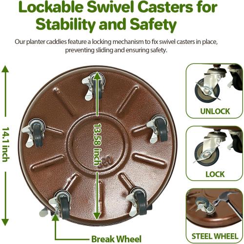Plant Saucer 14 Rolling Plant Caddy Rolling Plant Stand with Wheels – Heavy Duty Metal, Locking, Sturdy, Rust-Resistant Finish, and Easy to Move, 390 lb Capacity, 2 Pack