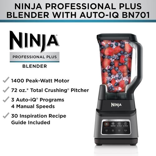 Used Ninja BN701 Professional Plus Blender, 1400 Peak Watts, 3 Functions for Smoothies, Frozen Drinks & Ice Cream with Auto IQ, 72-oz.* Total Crushing Pitcher & Lid, Dark Grey