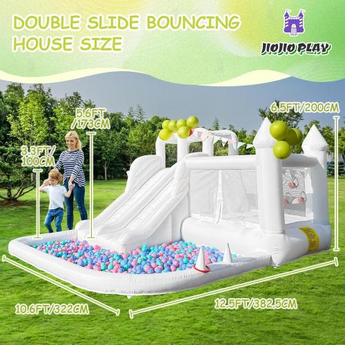 (UNTESTED) 12.5 FT Oxford White Bounce House Bouncing Castle with Two Slides Inflatable Bounce House for Kids with Large Ball Pits Suitable Birthday Party Holiday Decorations and Photography