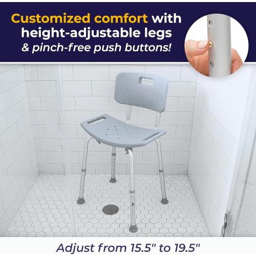 Drive Medical Shower Chair with Back - Adjustable Bathroom Bench - Suction Feet - Lightweight Durable Construction - Comfortable Contoured Seat - Grey