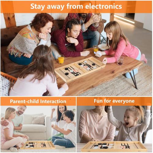 Fast Sling Puck Game - Wooden Hockey Table Board Game with Spare Parts | Indoor 2 Player Tabletop Fast-Paced Slingshot Battle for Adults, Kids & Family Night or Friends Party | Large Size