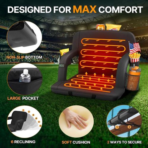 HOPERAN 21 2pcs Dual-Sided Heated Stadium Seats for Bleachers with Back Support, 3 Levels Heating Stadium Seating for Bleachers Seat with Backrest, 5 Pockets Portable Stadium Chair for Outdoor