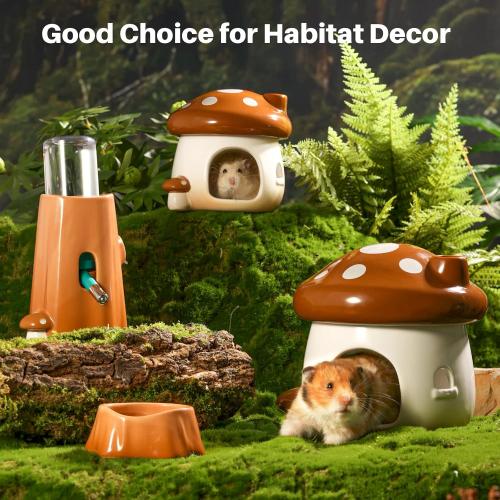 BUCATSTATE Hamster Hideout Ceramic, Mushroom Shape Hamster House and Habitats Cool Bed Ideal for All Season Dwarf Hamster Gerbil Mice Golden Bear (Brown-Large)