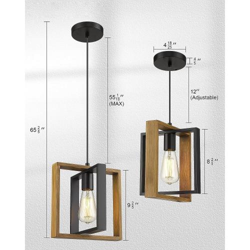Black Pendant Lighting Modern Pendant Light, Adjustable Pendant Light Fixture,Pendant Lights Kitchen IslandLight (2 Packs Wood Metal Pendant Light)
