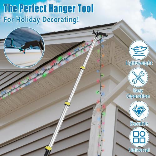 UQM 12 Ft Telescopic Extension Pole with Utility Hook, Telescoping Pole for Hanging Christmas Lights String Lights Birdfeeder, Heavy-Duty Christmas Light Pole Hanger Tool Tree Without Ladder