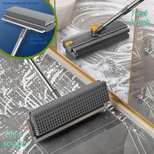 Floor Scrubbing Brush with Squeegee,2 in 1 Grout Brush with 54 Adjustable Long Handle,V-Shape Stiff Brush Bristle,360°Rotation,Bathroom Cleaning Brush for Tile,Deck,Garage,Kitchen,Swimming Pool,Grey