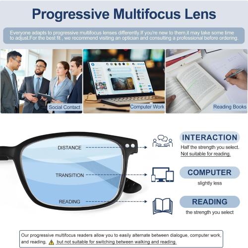 EASY READ TR90 Progressive Multifocal Reading Glasses for Men,Rectangular Blue Light Blocking Readers with Spring Hinge