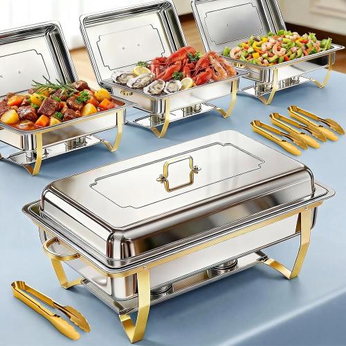 POWERFUEL Chafing Dishes for Buffet, 4 Pack 9QT Large Full Size Gold Chafing Dish Set, Rectangular Chafing Pans with 4 Gold Tongs, Stainless Steel Food Warmer for Party, Catering, Wedding