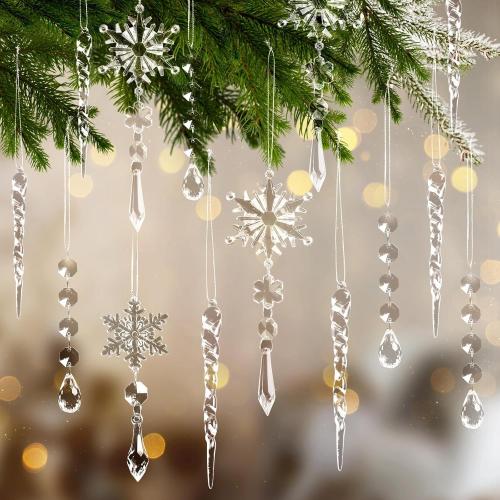 20pcs Christmas Ornaments Set for Tree Decorations- Hanging Acrylic Crystal Snowflake Icicle Drop Decorations for Winter Christmas Tree New Year Party Supplies