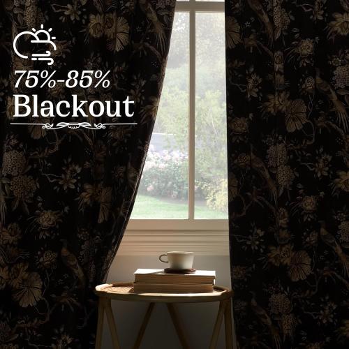 RYB HOME Brown Velvet Curtains Large, Printed Floral Bird Vintage Design Home Decoration Thermal Insulated Room Darkening Drapes for Bedroom Living Room, , 2 Panels