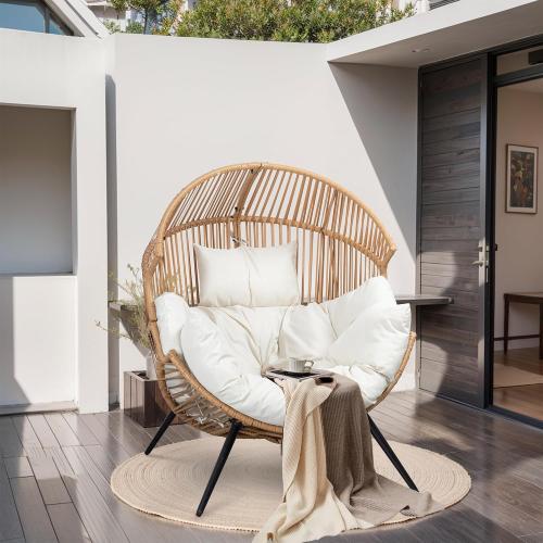 Egg Chair Wicker Outdoor Chairs, Oversized Patio Chair Oversized Lounger Chair with Cushion for Indoor Living Room, Bedroom, Outside Patio Backyard Balcony, Beige