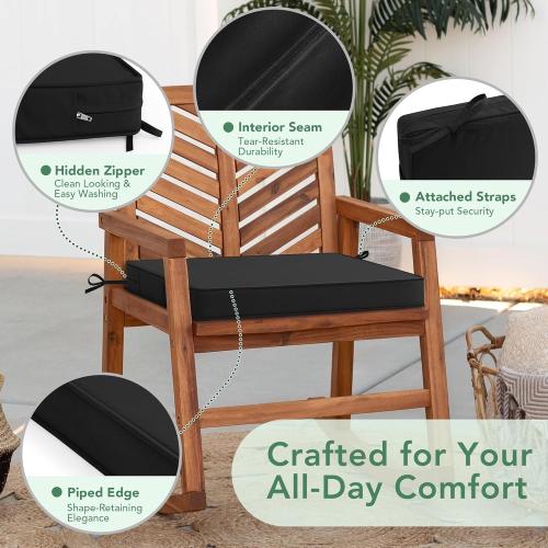 Outdoor Chair Cushions Set of 2: Waterproof & Fade Resistant Deep Seat Cushion for Patio Furniture - 24 x 24 x 3 Inch Chair Pads with Ties and Hidden Zipper - Patio Chair Cushion Replacement, Black