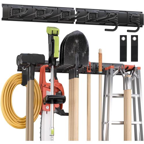 Black 32 Garden Tool Organizer Wall Mount, 32 inches Tool Storage Rack with Adjustable Hooks, 600lbs Adjustable Heavy Duty Metal Hooks, Yard Shed Rack Holder System Hanging Rake Broom Mop Snowboard, Men Gift