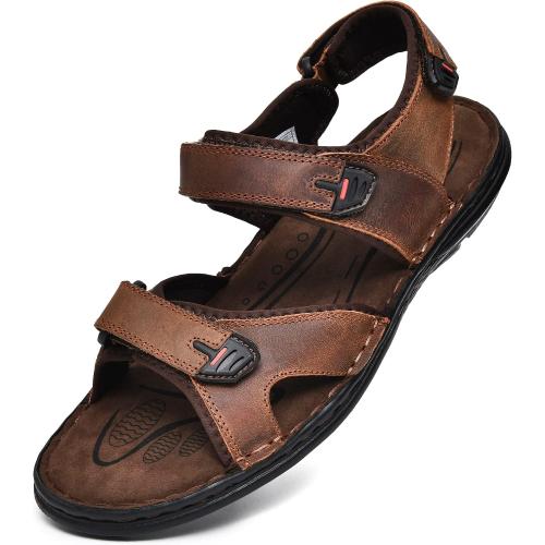 ArcBrothers Men's Premium Leather Sandals - Classic Roman Style Open Toe Sandals - Cushioned Heel, Non-Slip & Sturdy Support