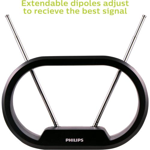 Philips Modern Loop Rabbit Ears Indoor TV Antenna, 15 inch Extendable Dipoles, 4K 1080P VHF UHF, Tabletop Antenna, Digital HDTV Antenna, Smart TV Compatible, 4ft Coaxial Cable, Black, SDV7114A/27