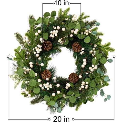 20 Inches Vintage Christmas Wreath Classic Winter Wreaths for Front Door Rustic Holiday Winter Wreath with White Berry Pine Cones for Doors Windows Indoors Outside Hanging Decoration