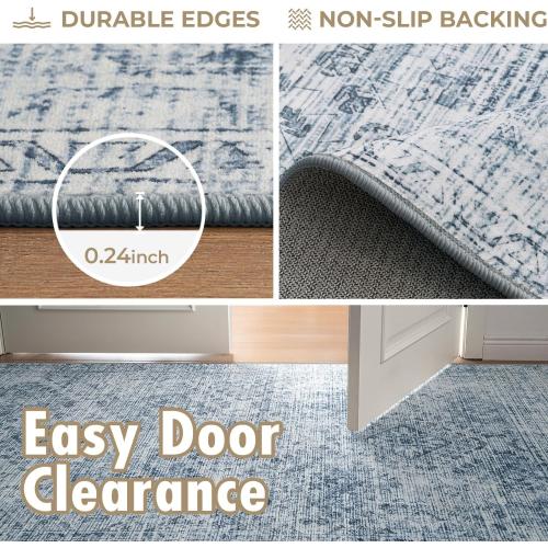 MIULEE 8x10 Vintage Washable Area Rugs Living Room Rug Low Pile Boho Farmhouse Floor Mat for Bedroom Dining Room Under Kitchen Table, Non-Slip Stain Resistant Soft Large Carpet for Home Decor, Blue