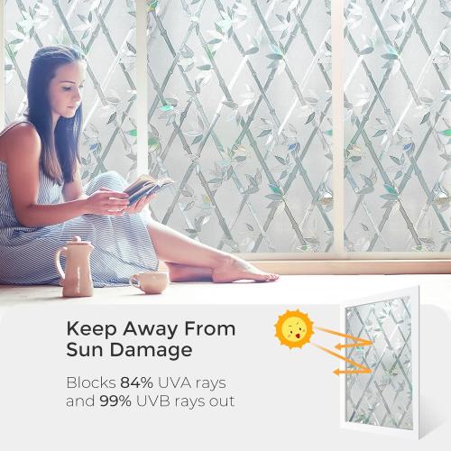 Decorative Static Cling Window Film Rainbow Window Clings Privacy Non-Adhesive Bamboo Glass Film for Living Room Bedroom Kitchen Lobby Porch Office Anti-UV 35.6 x 78.7 inches