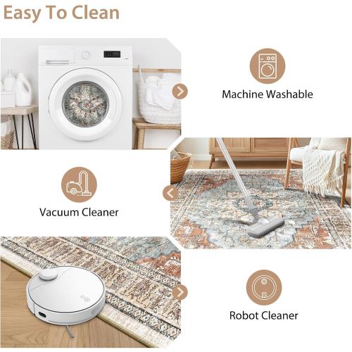 BESTSWEETIE 8x10 Area Rug Washable Rugs for Living Room, No Pile Boho Carpet for Entryway Bedroom Dinning Room, Vintage Carpet Print Distressed Non-Slip, 8 x 10 ft, Green Brick Rust Red