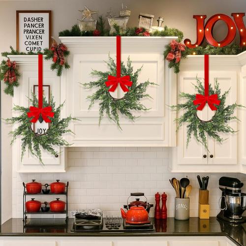 Vesici 4 Pcs 12.6'' Christmas Candle Rings Wreath Artificial Cedar Mini Kitchen Cabinet Wreath Decoration Xmas Candle Ring Table Centerpiece Decor for Christmas Wedding Home Table Decoration