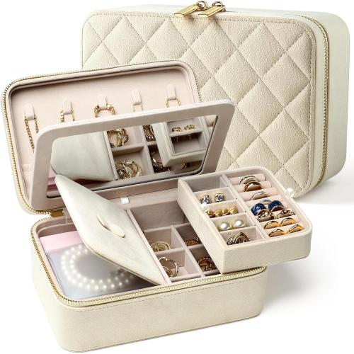 Velvet Travel Jewelry Box with Large Mirror, Double-Layer Jewelry Organizer Case for Women and Girls, Portable Storage Case with 6 Anti-Tarnish Bags Gift Ready for Her (Beige)