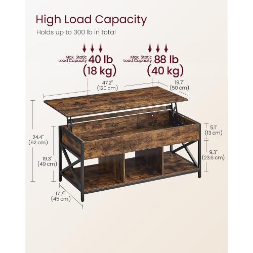 VASAGLE Lift Top Coffee Table, Lift Coffee Table with Storage Shelf, Hidden Compartments and Lifting Top, for Living Room, Office, 19.7 x 47.2 x (19.3-24.4) Inches, Rustic Brown and Black ULCT212B01