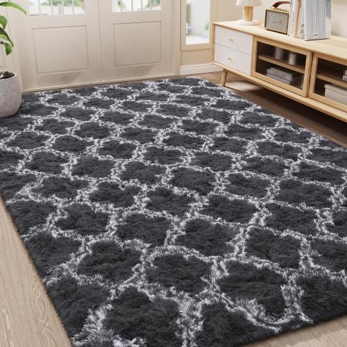 LOCHAS Luxury Shag Area Rug Geometric Plush Fluffy Rugs, Extra Soft Carpet Moroccan Rugs for Bedroom Living Room Dorm Kids, High Pile Shaggy Floor Rug Decor, Dark Grey/White