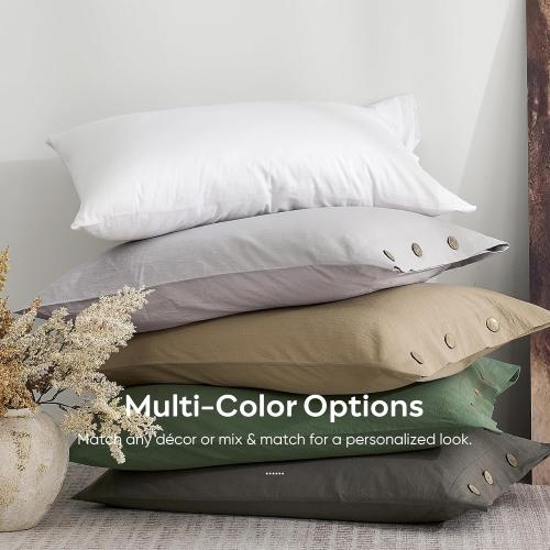 100% Washed Cotton Pillowcases, King, Button Closure