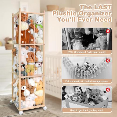 Stuffed Animal Storage, Wood Stuffed Animal Zoo Storage with Brake Wheels, Space Save Toy Organizer, Large Capacity Stuffed Animal Holder, Perfect for Nursery Playroom Kidroom Bedroom-54.3 Inch
