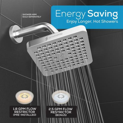 SparkPod Rain Shower Head, 6 Inch Square, Luxury Polished Chrome Finish | High Pressure Shower Heads, 90 Nozzles, Adjustable Showerhead, No Tools Needed, Universal Connection
