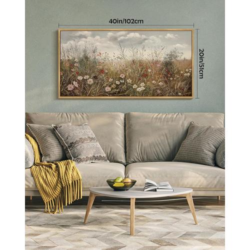 SHENIFY Vintage Landscape Framed Wall Art Meadow with Flowers Farmhouse Decor Retro Wildflower Field Scenery Painting for Hallway Bedroom Living Room Dining Room - 20x40in Natural Framed