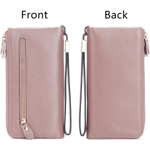 YALUXE Women's Genuien Leather Wristlet Handbag Wallet with 19 Card Slots Double Zipper Pockets for cash Cell Phone