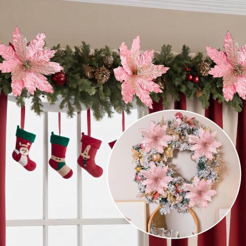 6 Pcs 18 x 15 Inch Large Pink Christmas Poinsettia Flowers Jumbo Rose Gold Xmas Ornament Pink Christmas Tree Decorations Rose Gold Glitter Poinsettia for Wreath Garland Indoor Outdoor Decor