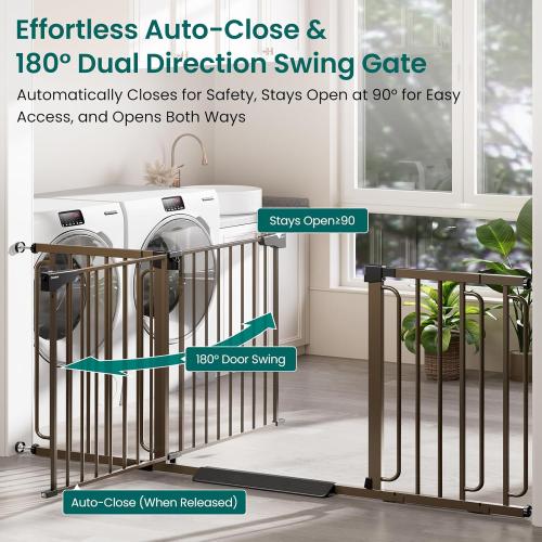 Cumbor Extra Wide Baby Gate, 36.6-69 Walk-Through Dog Gate for Stairs, Doorways & Hallways, 30.5“ Tall, Auto-Close & Dual-Swing Safety Child Gate Indoor, Easy Install Pressure-Mounted Pet Gate, Brown