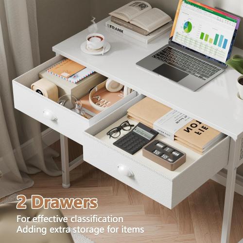 Furologee White Small Computer Desk with 2 Fabric Drawers for Bedroom,34 Inch Simple Home Office Writing Desk, Vanity Desk with Hooks, Study Table for Adults Student Small Spaces