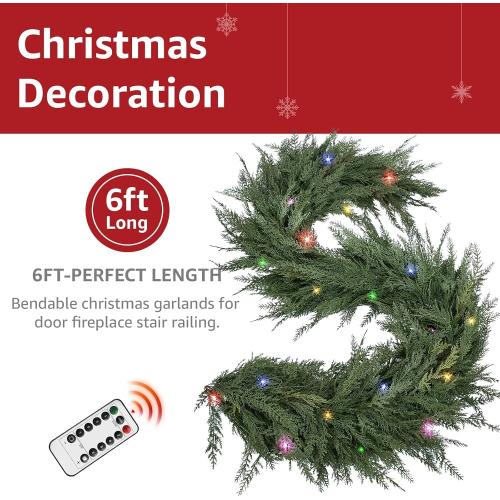 Christmas Cedar Garland Realistic - Cypress Decorations with Lights 6ft for Mantle Lighted Faux Pine Garlands for Xmas Home Decoration Indoor Stairs Railing 6 ft Fireplace Outdoor Prelit Door Decor