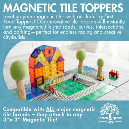 Learn & Grow Magnetic Tiles Road Expansion Pack - 40PCs Road Toppers Set for Cars, STEM Learning & Building Toy - Magnetic Tile Accessories for Kids 3 , Toddler - Add Car Roads to Any Magnet Tiles Set