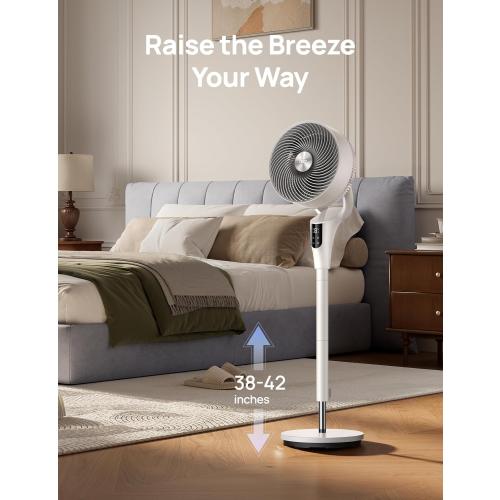 DREO Fan for Bedroom, 2026 Upgraded, 90ft Airflow, 20dB Quiet Fan, 90° Oscillating Standing Fan for Whole Room, DC Motor, 8 H Speeds, 3 Modes, 38-42'' Adjustable Height, 8H Timer, 105° Manual Vertical