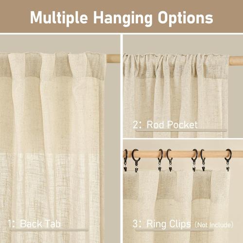 LAMIT Living Room Linen Curtains 90 Inch for Bedroom, Back Tab and Rod Pocket Linen Textured Sheer Curtains Light Filtering Boho Drapes for Farmhouse, 2 Panels, 52 x 90 Inch, Beige