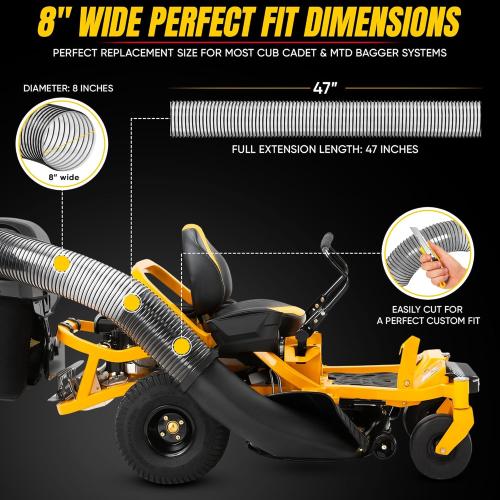 764-05082 Bagger Flex Hose 47 Length (Maximum Elongation) by 8 Wide Replacement MTD CUB RZT CADET Riding Mower Leaf Vac Hose Bagger 36 42 46 50 54 Rear Fast Double Bagger Kit 76405082