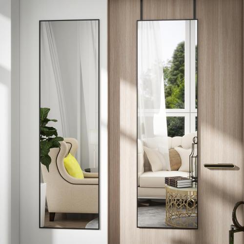 Full Length Door Mirror 14x48, Metal Frame with Protective Film, No-Drilling Hanging or Wall Mount (Horizontal/Vertical), Hooks & Hardware Included, Full Body Mirror for Bedroom, Dorm, Black