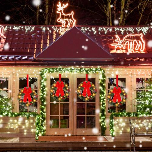 Ceenna Set of 6 Prelit Lighted Christmas Wreath 15 Inch Prelit Christmas Wreath with Large Buffalo Bow Battery Operated with 8 Modes Timer Remote Holiday Indoor Outdoor Decor(Retro)