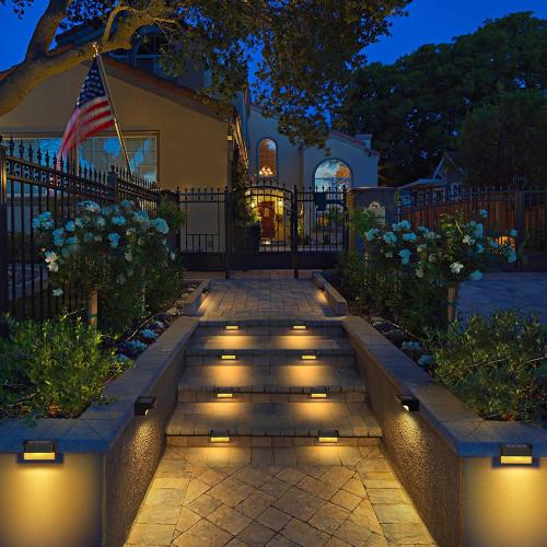 Set of 16 Color Black Solar Deck Lights Outdoor 16 Packs, LED Solar Step Light Waterproof, Solar Powered Fence Lighting Warm White for Stairs Yard Garden Patio Pathway Railing