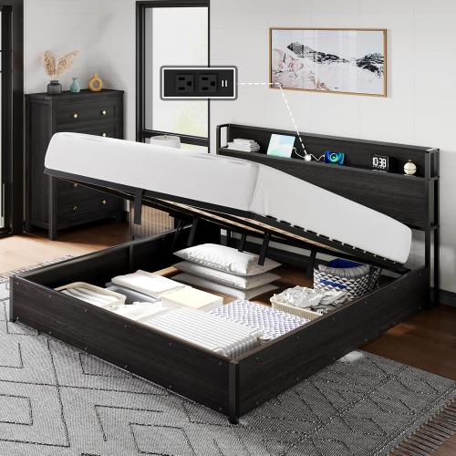 Size King Color Black Size Lift Up Storage Bed Frame, Wooden Platform Bed Frame with Lifting Storage & Charging Station, No Spring Box Needed/Noise Free, Black