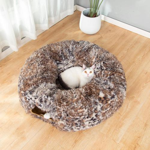 LUCKITTY Warm Fluffy Plush Cat Tunnel Bed with Washable Cushion- Big Tube Playground Toys 3 FT Diameter Collapsible, for Indoor Cat Kitty Kitten Puppy Rabbit Ferret Leopard Print